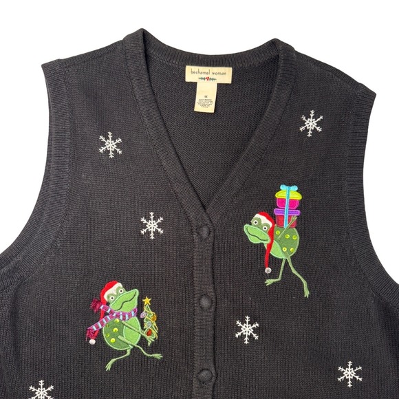 bechamel woman Sweaters - Christmas Sweater Cardigan Vest Black Green‎ Frog Novelty Snowflakes Women's 1X